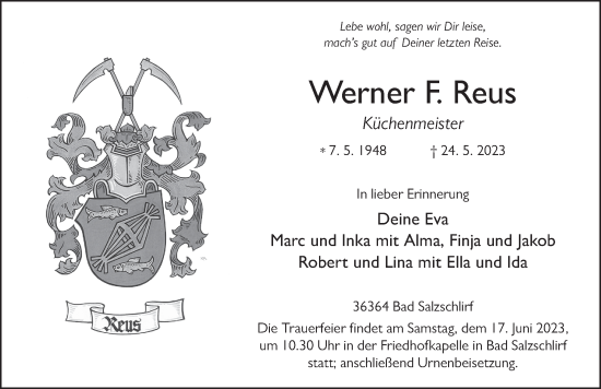 Traueranzeige von Werner F. Reus von FZ