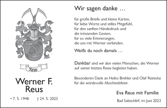 Traueranzeige von Werner F. Reus von FZ