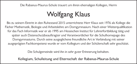 Traueranzeige von Wolfgang Klaus von FZ
