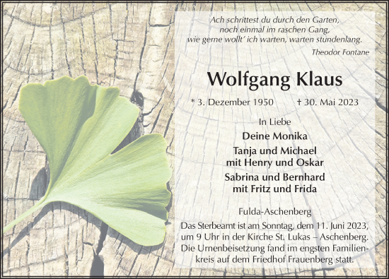 Traueranzeige von Wolfgang Klaus von FZ