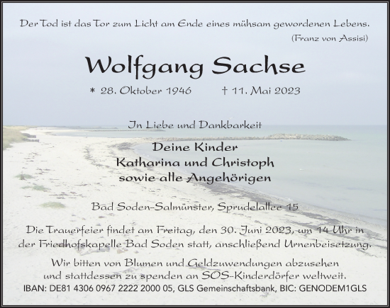 Traueranzeige von Wolfgang Sachse von FZ