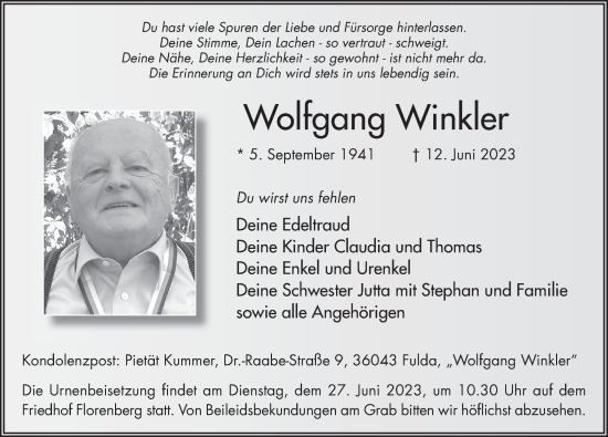 Traueranzeige von Wolfgang Winkler von FZ