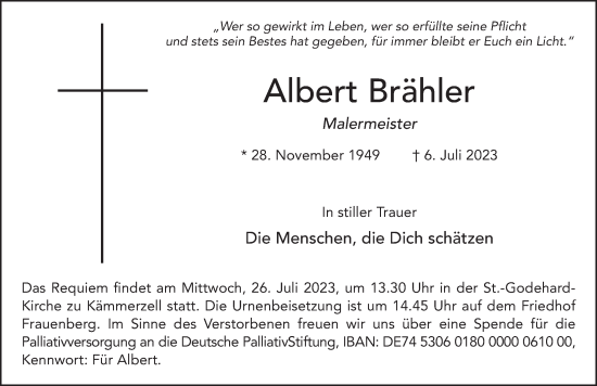 Traueranzeige von Albert Brähler von FZ