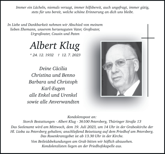 Traueranzeige von Albert Klug von FZ