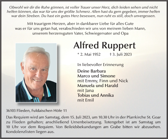 Traueranzeige von Alfred Ruppert von FZ