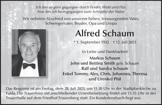 Traueranzeige von Alfred Schaum von FZ