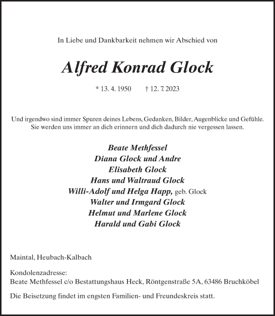 Traueranzeige von Alfred Konrad Glock von FZ