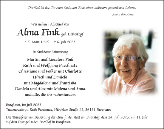 Traueranzeige von Alma Fink von FZ