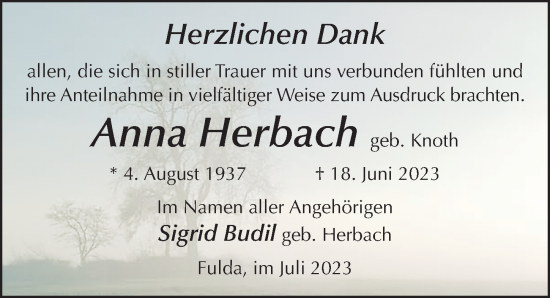 Traueranzeige von Anna Herbach von FZ