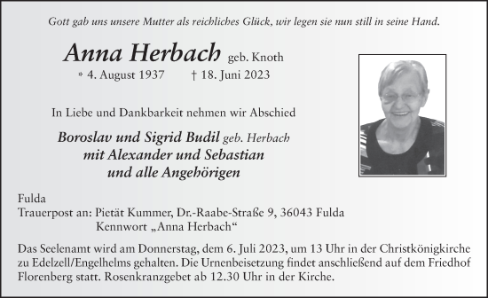 Traueranzeige von Anna Herbach von FZ