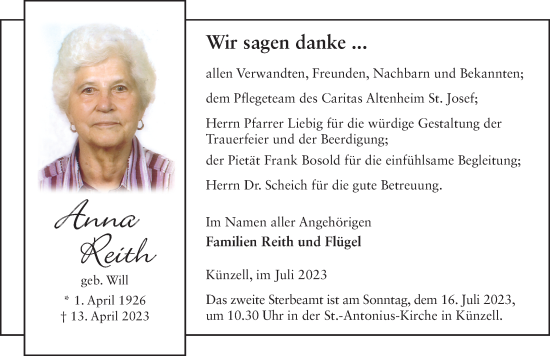 Traueranzeige von Anna Reith von FZ