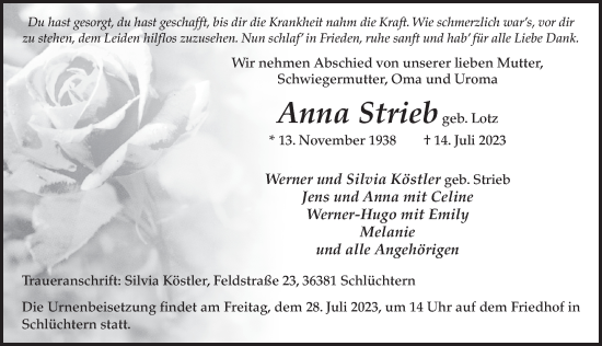 Traueranzeige von Anna Strieb von FZ
