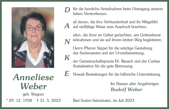 Traueranzeige von Anneliese Weber von FZ
