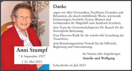 Traueranzeige von Anni Stumpf von FZ