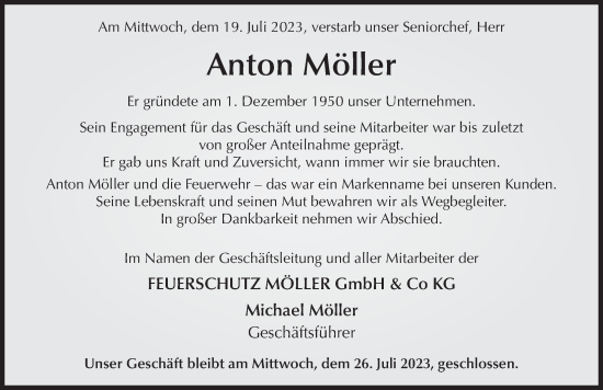 Traueranzeige von Anton Möller von FZ