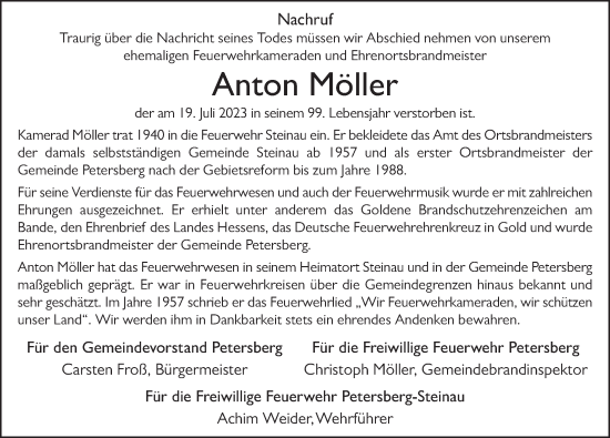 Traueranzeige von Anton Möller von FZ