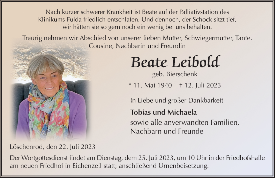 Traueranzeige von Beate Leibold von FZ