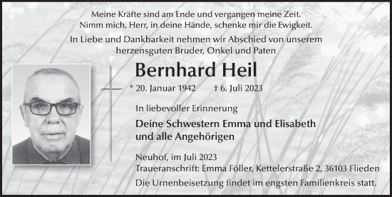 Traueranzeige von Bernhard Heil von FZ
