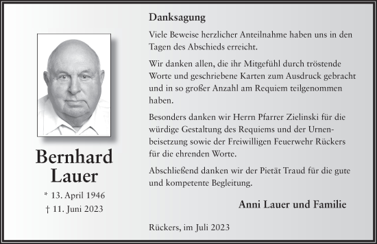 Traueranzeige von Bernhard Lauer von FZ