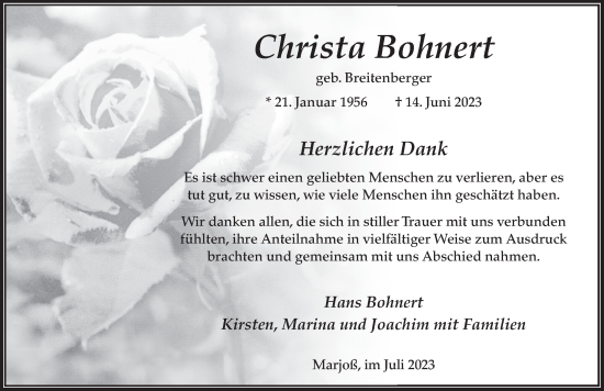 Traueranzeige von Christa Bohnert von FZ