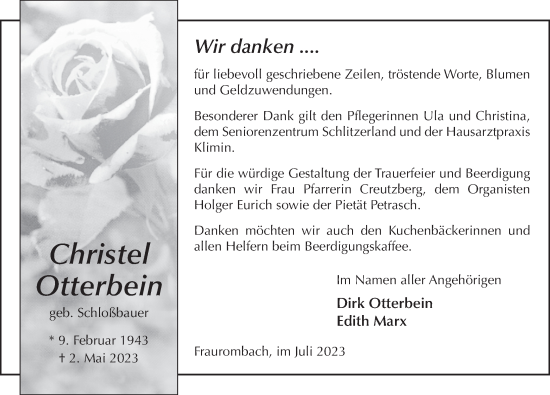 Traueranzeige von Christel Otterbein von FZ