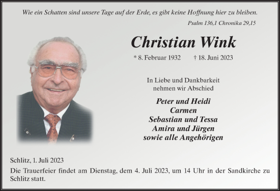 Traueranzeige von Christian Wink von FZ