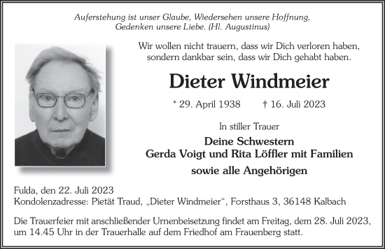 Traueranzeige von Dieter Windmeier von FZ