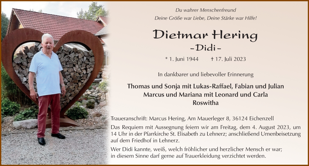  Traueranzeige für Dietmar Hering vom 29.07.2023 aus FZ