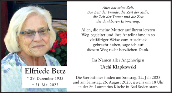 Traueranzeige von Elfriede Betz von FZ