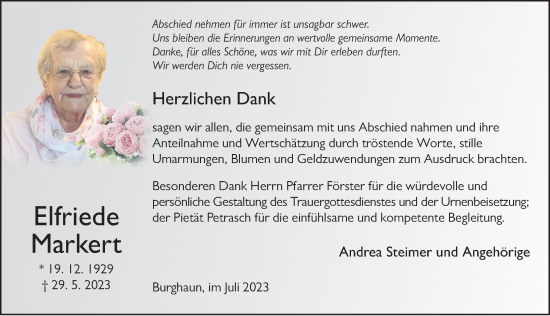 Traueranzeige von Elfriede Markert von FZ