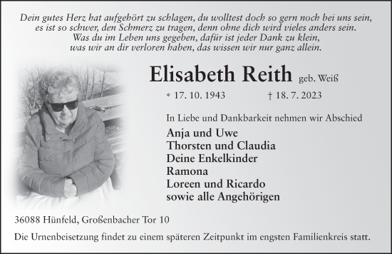 Traueranzeige von Elisabeth Reith von FZ