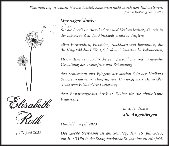 Traueranzeige von Elisabeth Roth von FZ