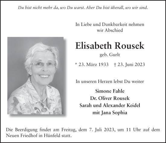 Traueranzeige von Elisabeth Rousek von FZ