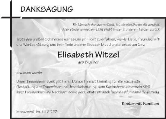 Traueranzeige von Elisabeth Witzel von FZ