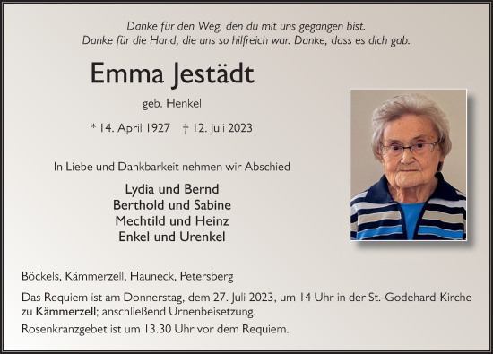 Traueranzeige von Emma Jestädt von FZ