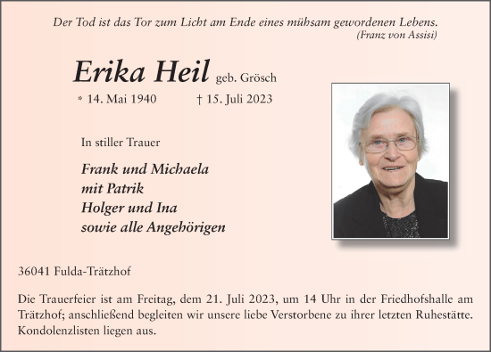 Traueranzeige von Erika Heil von FZ