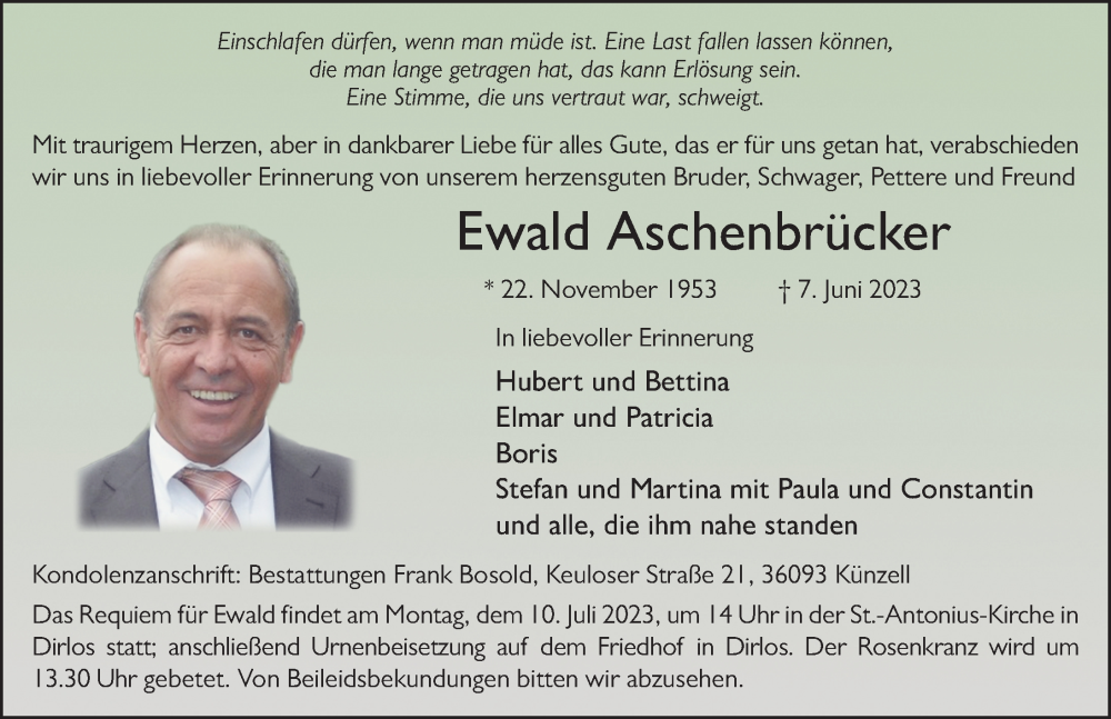  Traueranzeige für Ewald Aschenbrücker vom 05.07.2023 aus FZ