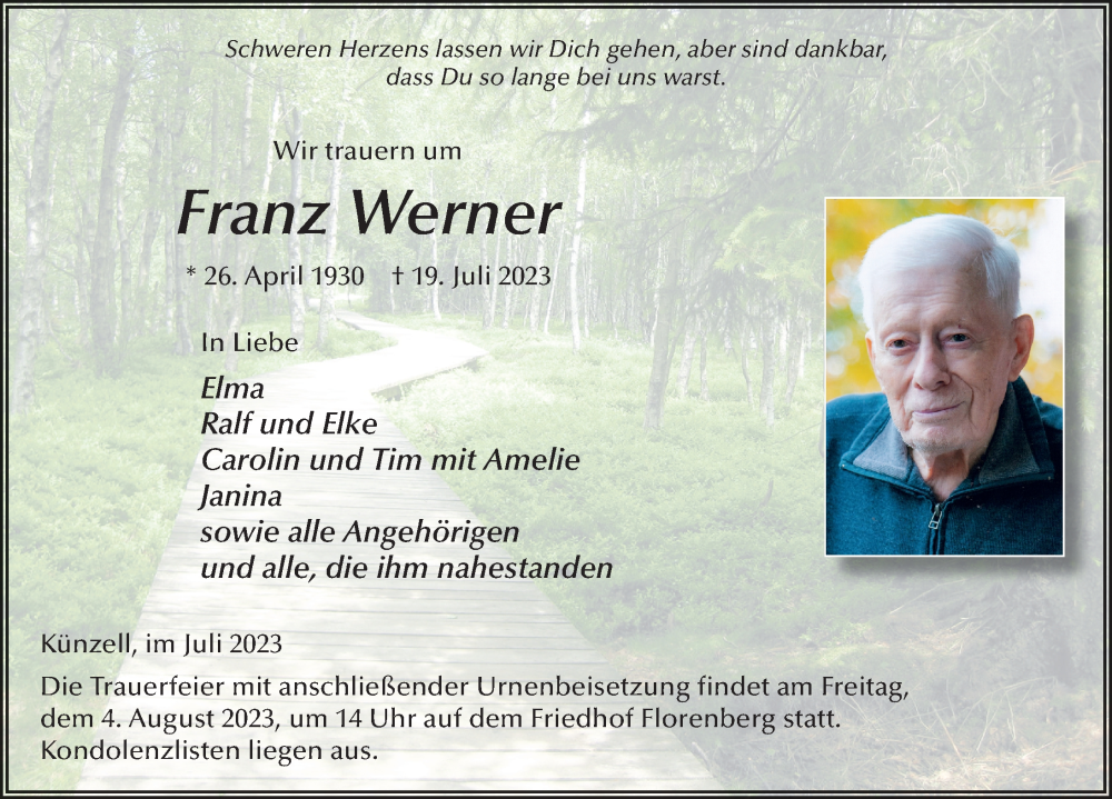  Traueranzeige für Franz Werner vom 31.07.2023 aus FZ
