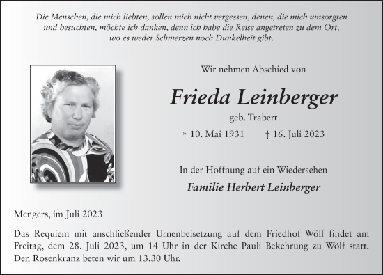 Traueranzeige von Frieda Leinberger von FZ