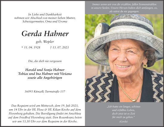 Traueranzeige von Gerda Hahner von FZ