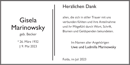 Traueranzeige von Gisela Marinowsky von FZ