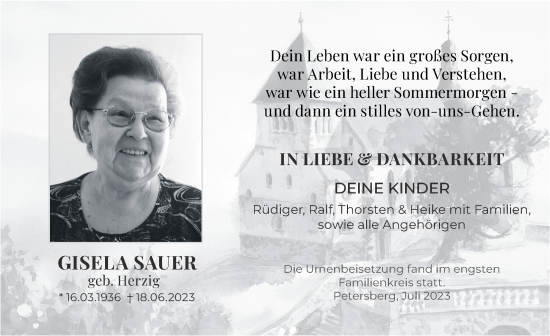 Traueranzeige von Gisela Sauer von FZ