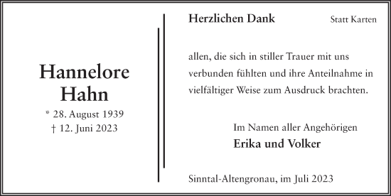Traueranzeige von Hannelore Hahn von FZ