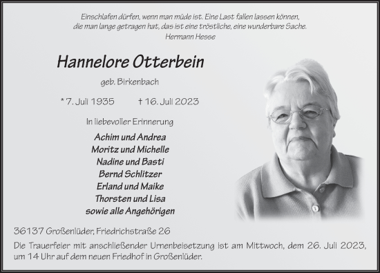 Traueranzeige von Hannelore Otterbein von FZ