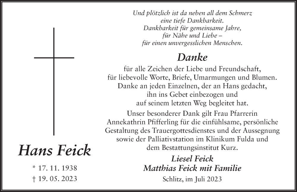  Traueranzeige für Hans Feick vom 29.07.2023 aus FZ