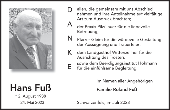 Traueranzeige von Hans Fuß von FZ