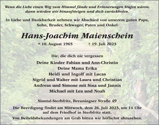 Traueranzeige von Hans-Joachim Maienschein von FZ