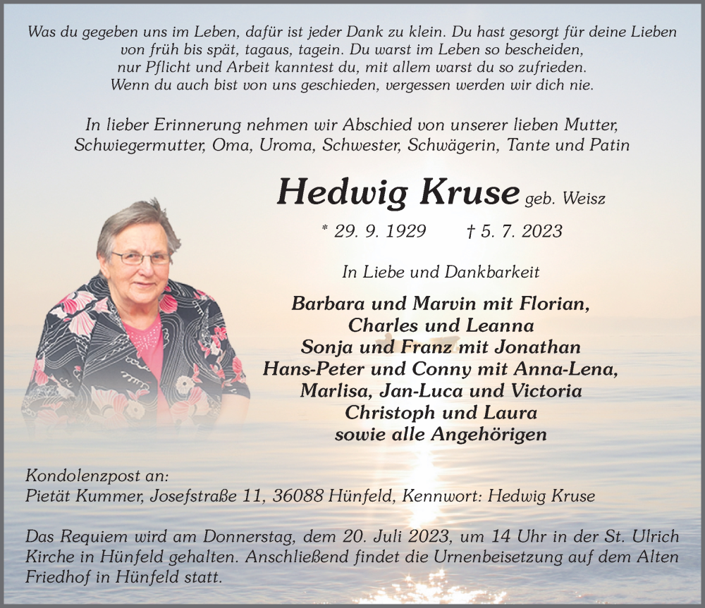  Traueranzeige für Hedwig Kruse vom 13.07.2023 aus FZ
