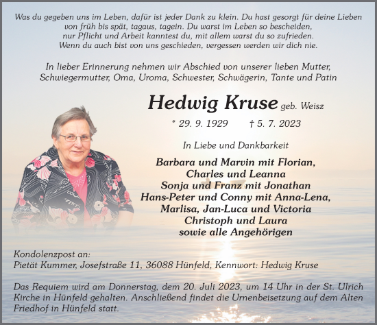 Traueranzeige von Hedwig Kruse von FZ