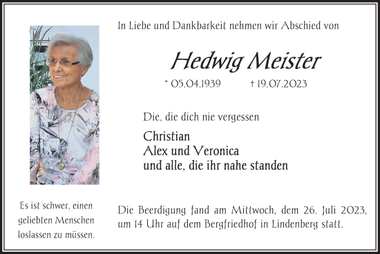 Traueranzeige von Hedwig Meister von FZ